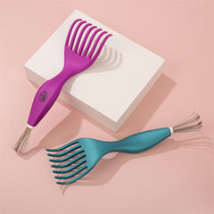 Purple and teal brush cleaner tools with comb-like tines