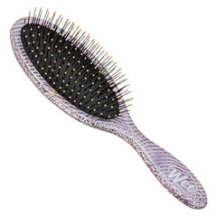 Purple oval detangling hair brush with black pins on cushioned pad
