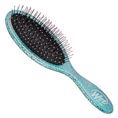 Teal oval detangling hair brush with dense bristles, side view