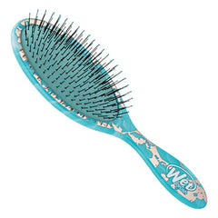 Wet brush detangler hairbrush, aqua marbled design with long black pins, curved paddle