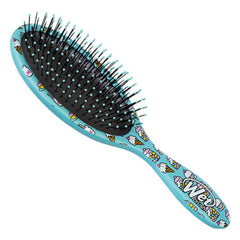 Blue detangling hairbrush with black bristles and Hello Kitty patterned handle