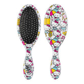 White Hello Kitty detangling hair brush, black bristles, multicolor character print.