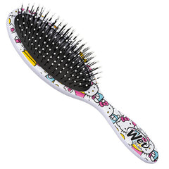 White Hello Kitty detangling hair brush with black bristles and multicolor character print.
