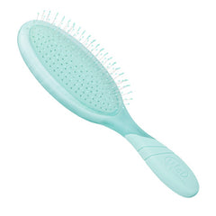 Teal marbled detangling brush with soft bristle cushion and ergonomic handle.