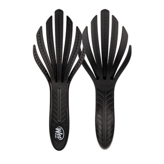 Black curl detangler hair brush with flexible prongs and textured grip handle
