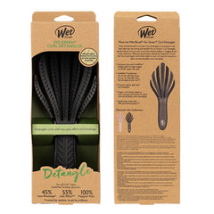 Wet Go Green curl detangler brush packaging, cardboard box with front and back