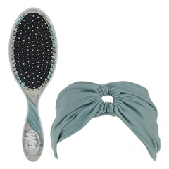 Oval hair brush with black bristles and blue fabric headwrap