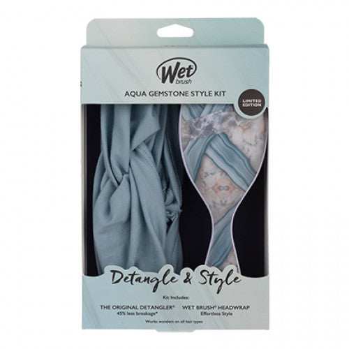 Detangling brush and headwrap kit in Aqua gemstone style box