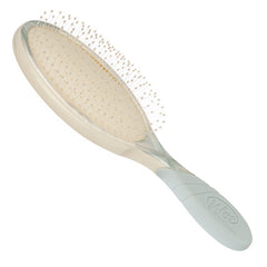 Detangling hair brush with dotted bristles on a translucent head and light green handle