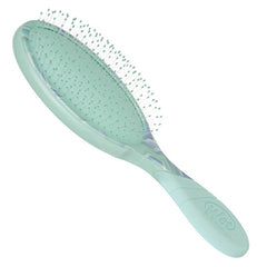 Cyan detangling paddle brush angled view, oval pad with fine pin bristles