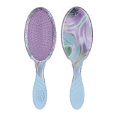 Detangling hair brush with pearlescent purple bristles and light blue handle