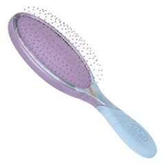 Hair detangling brush with purple cushioned pad and wave-pattern grip in blue
