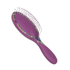 Purple hair detangling brush with peacock tropical patterned cushion and pins