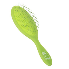 Lime green detangling hair brush with fine flexible bristles and curved handle