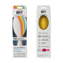 Wet detangler hair brush blister pack with rainbow brush and bristle-head window