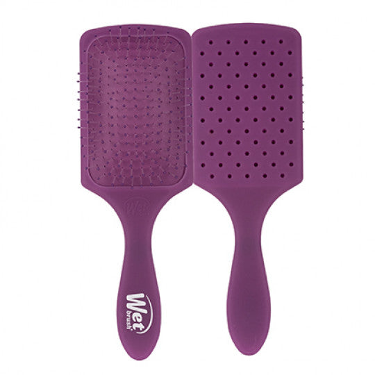 Purple paddle detangler hair brush with cushioned pad and grip handle.