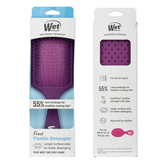 Purple Wet detangler paddle brush in retail box, front and back shown.