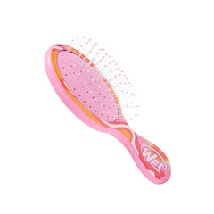 Mini hair detangler brush, pink back with multicolor wavy swirl handle