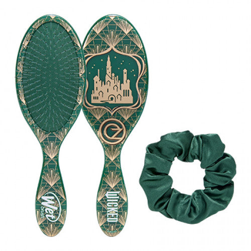 Detangling hair brush set: two green patterned brushes plus dark green scrunchie