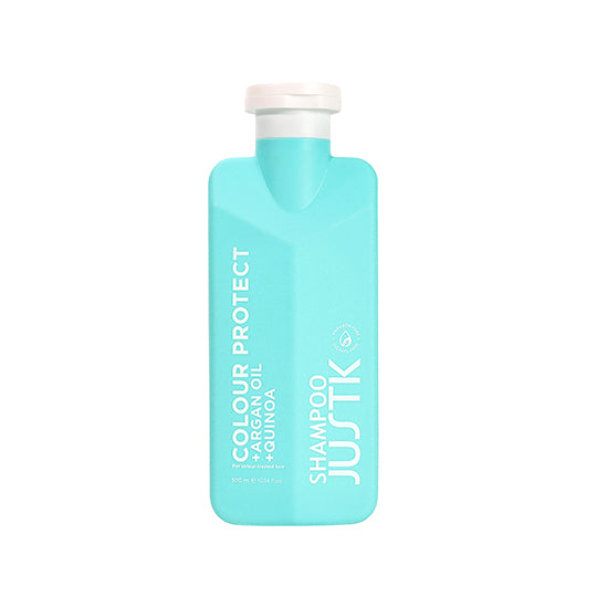 Turquoise shampoo bottle with white cap, JUSTK Color Protect formula