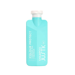 Turquoise shampoo bottle with white cap, JUSTK Color Protect formula