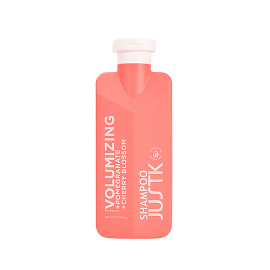 Volumizing shampoo bottle, coral pink with flip-top cap, pomegranate & cherry blossom scent