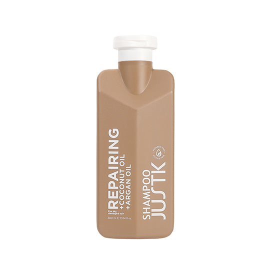 Brown shampoo bottle with white cap, coconut oil & argan oil label