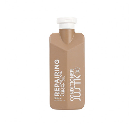 Hair conditioner bottle, brown plastic with white cap, JUSTK Repairing label
