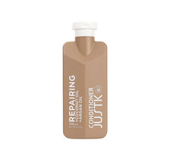 Hair conditioner bottle, brown plastic with white cap, JUSTK Repairing label