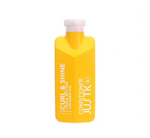 JUSTK Curl & Shine conditioner bottle, 300 ml, yellow plastic with pink cap