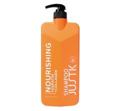 Orange shampoo bottle with black pump, labeled Nourishing Keratin & Collagen, 1000 ml