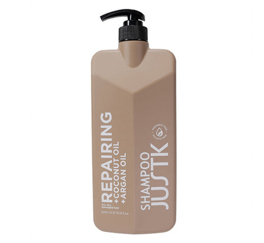 Repairing coconut and argan oil shampoo bottle, beige with black pump dispenser