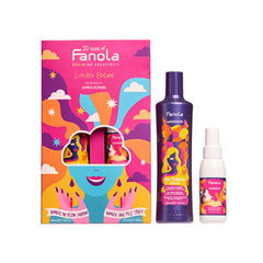 Hair care kit with pink and purple bottles and a colorful retail box