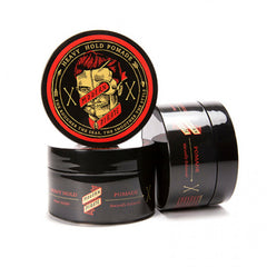 Hair pomade jar and tin with black lids, red label artwork
