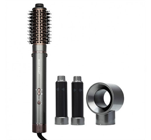Multistyler hair tool with round brush head and three styling attachments, black/silver