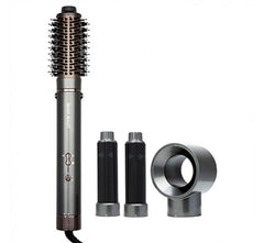Multistyler hair tool with round brush head and three styling attachments, black/silver