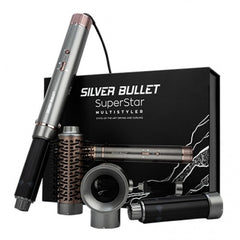 Multistyler hair tool set with brush barrel, two barrels, and storage box, black/silver