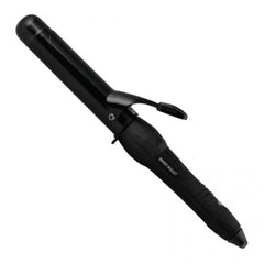 Black 32mm ceramic curling iron with clamp and handle, angled view