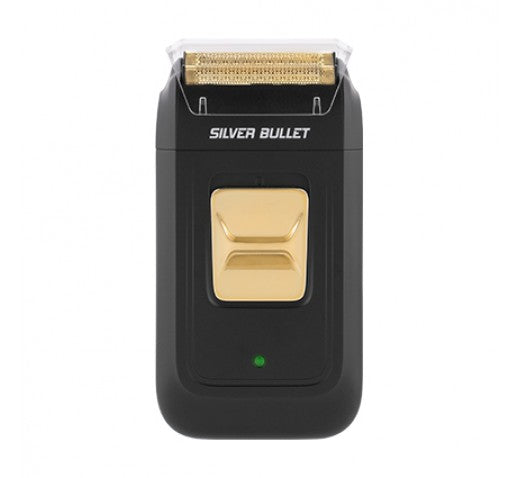 Electric foil shaver with black body, gold shaving head and green indicator light