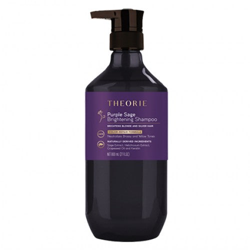 Theorie Purple Sage brightening shampoo bottle, dark purple liquid in pump dispenser