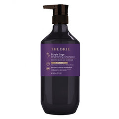 Theorie Purple Sage brightening shampoo bottle, dark purple liquid in pump dispenser