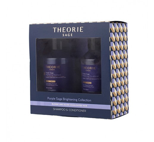 Purple sage brightening travel duo set in blue retail box with two bottles