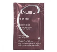 Malibu color-lock hair masque sachet, maroon foil pouch with white logo text