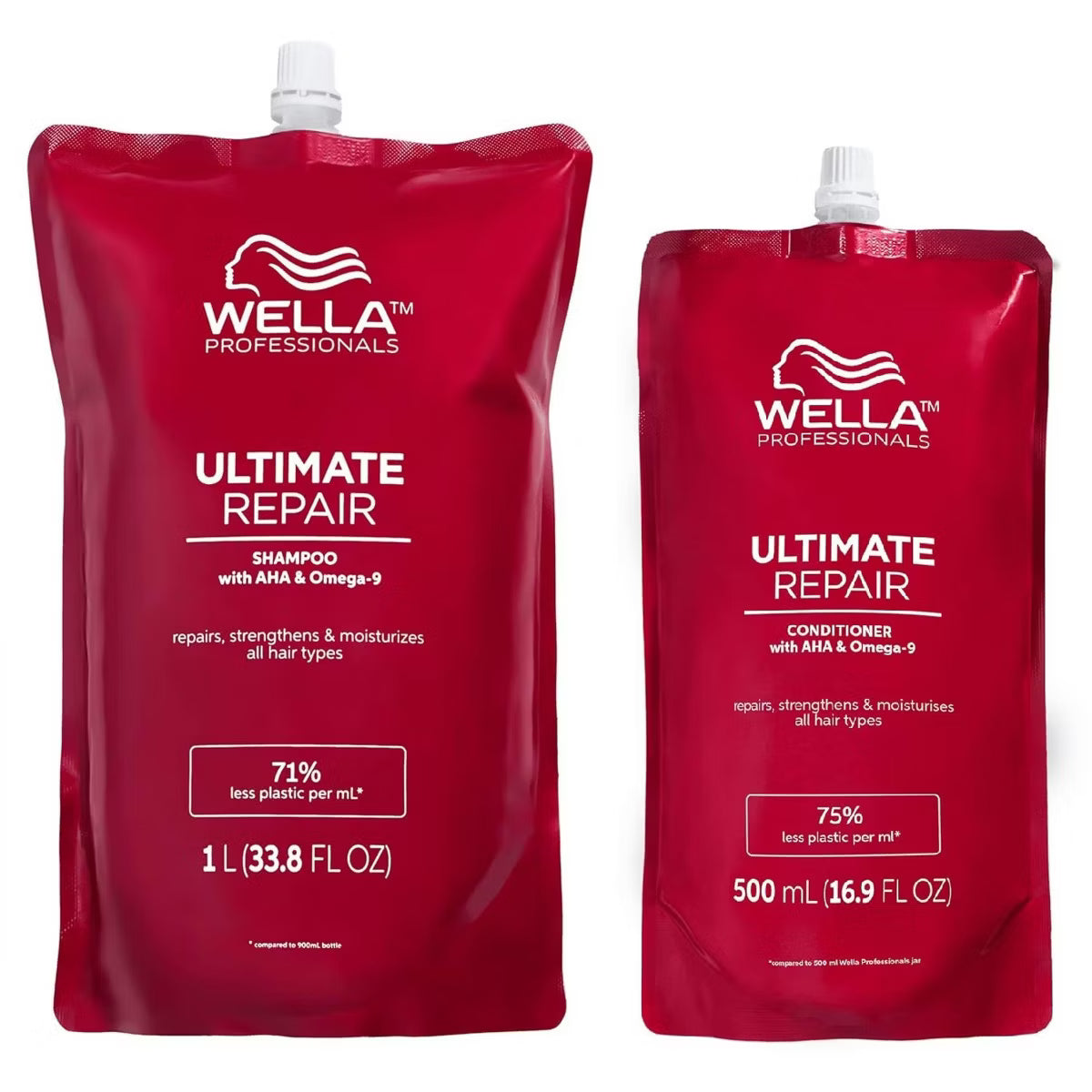 Wella Professionals Ultimate Repair shampoo and conditioner pouches, red refill packs