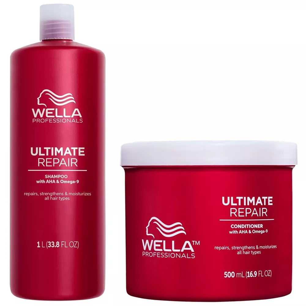 Ultimate Repair shampoo bottle, red with white cap and Wella Professionals logo.