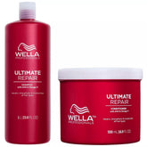 Ultimate Repair shampoo bottle, red with white cap and Wella Professionals logo.