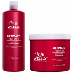 Ultimate Repair shampoo bottle, red with white cap and Wella Professionals logo.
