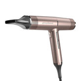 Rose gold hair dryer with black nozzle and vented grip, Gama Professional branding