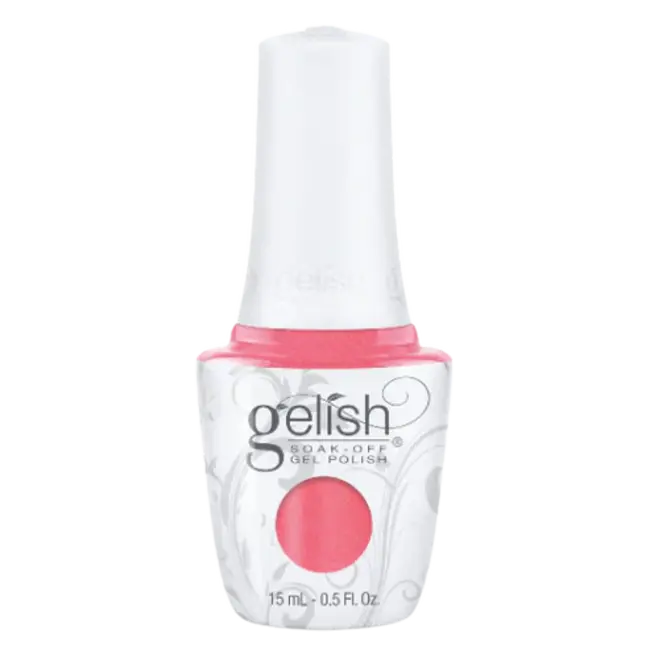 Gel polish bottle with white cap, pink shade, 15 mL label