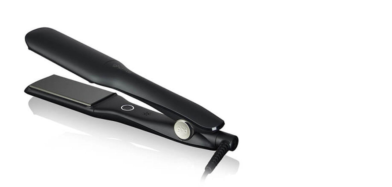 Wide hair straightener with black plates and power control button